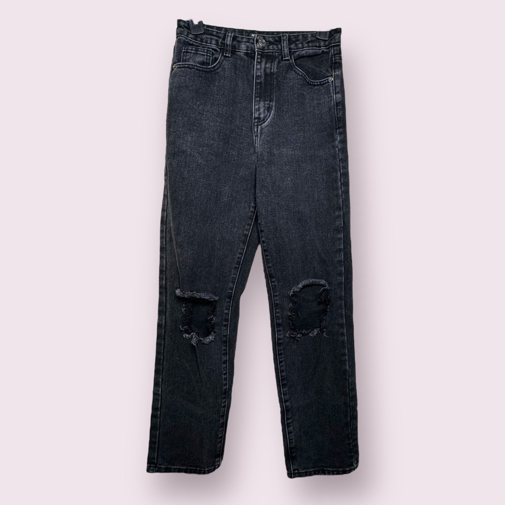 PrettyLittleThing Black Distressed Straight Leg Jeans Size 0